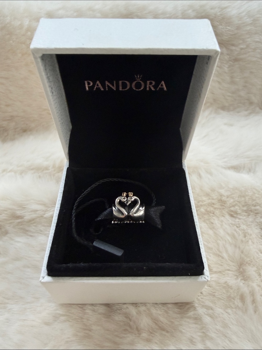 Pandora 791189 Sterling Silver Swan Embrace Animal Charm w/ 14k Gold Crown